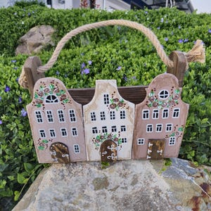 Blumenkasten aus Holz mit Häuser, Kräutertopf aus Holz, Fensterbank Übertopf für drinnen und draußen