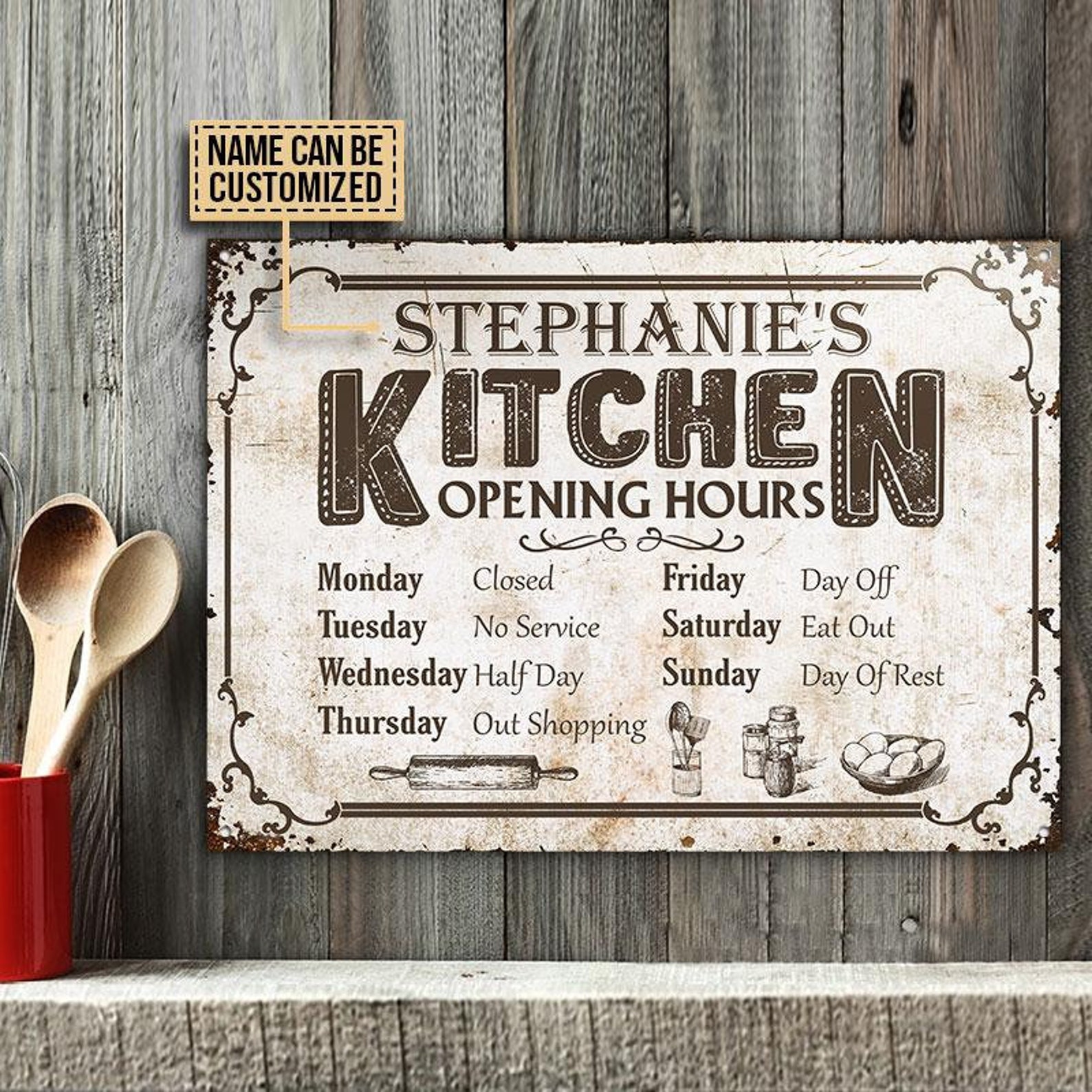 Personalized Classic Metal Sign Kitchen Opening Hours Etsy