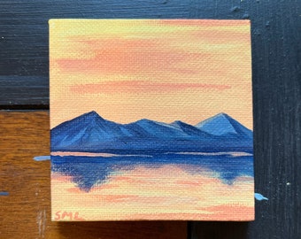 Blue Hills Sunset Mini 3”x3” Canvas Original Landscape Painting, PNW Peninsula Inspired Artwork, Minimalist Mountain Art, Home Decor Gift