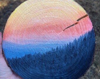 Red Sun Forest Haze 8” Wood Round Painting, PNW Landscape, Nature Inspired Artwork, Sunset Home Decor, Conservation Art