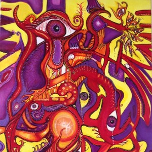 May include: Abstract painting with a vibrant color palette. The artwork features a mix of red, purple, orange, and yellow hues. The composition includes organic shapes, eyes, and intricate details, creating a dynamic and surreal visual experience.