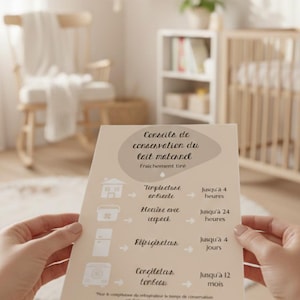 May include: A beige card with French text detailing breast milk storage guidelines. The card includes illustrations of a house, cooler, refrigerator, and freezer, with timeframes for each storage method.