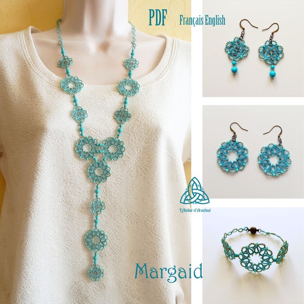 Tutoriel parure sautoir, bracelet, boucles d'oreilles en frivolité à la navette avec des perles - PDF instant download - Margaid