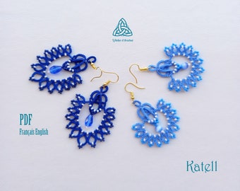 Shuttle tatting PDF tutorial danglling earrings with beads, round or oval