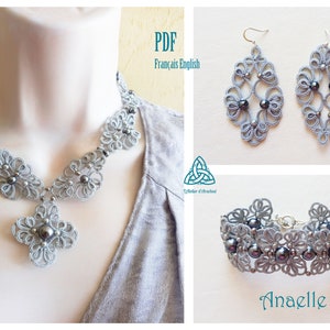 Necklace, bracelet and earrings adornment tutorial in shuttle tatting with pearls - PDF instant download - Anaelle