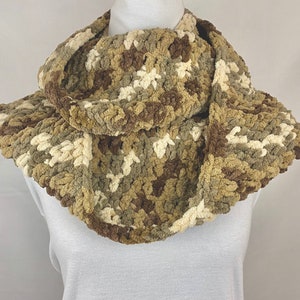 Handmade Crocheted Infinity Scarf Multi-Color Dark Brown, Light Brown, Medium Brown and Cream