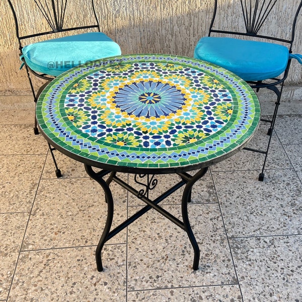 Moroccan tile dining table - mosaic patio table - handmade Moorish zellige tile table top - outdoor furniture handcrafted by Helloofez