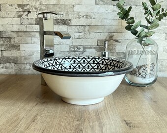 Schwarz-weißes Badezimmer-Waschbecken – dekoratives Aufsatzwaschbecken im Landhausstil – handgefertigtes Keramikwaschbecken mit kostenlosem individuellem Geschenk für Sie