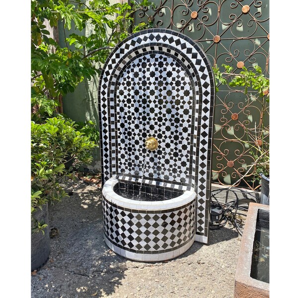 Moroccan mosaic tile water fountain - large spanish outdoor wall tile fountain - mosaic pool area fountain