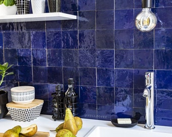 4x4 in handmade mosaic tile / 5 Sq ft Blue zellige tiles for bathrooms, showers, kitchen backsplash, fireplace