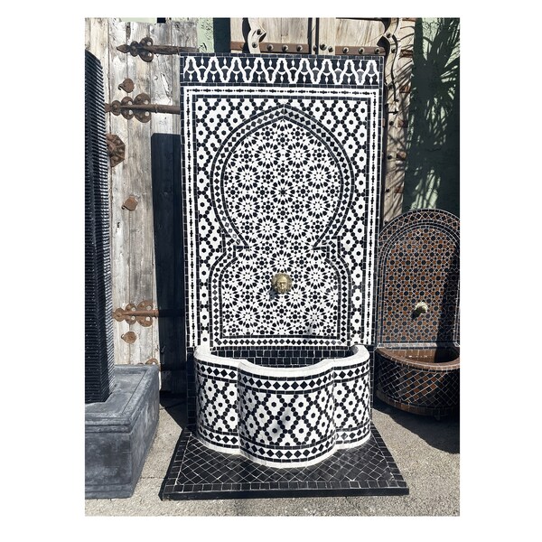 Large Black & white Moroccan mosaic Fountain - Moroccan Mosaic Tile Garden Fountain - mosaic wall water fountain - pool area fountain