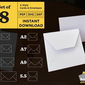 Set van 8 A-stijl wenskaarten & envelopsjablonen / PDF, SVG, DXF / digitale download