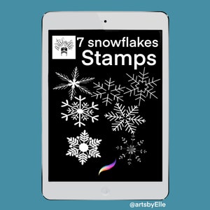 May include: A digital tablet screen displaying seven white snowflake stamps on a black background. The text "7 snowflakes Stamps" is at the top of the screen. The text "@artsbyElle" is at the bottom of the screen.