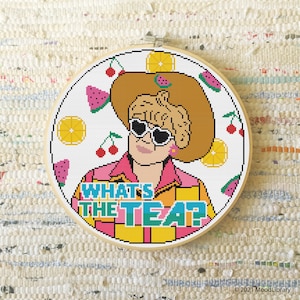 Colourful Fruity &quot;What&#39;s the Tea?&quot; Jessica Fletcher Cross Stitch Pattern, Instant Download, PDF Pattern