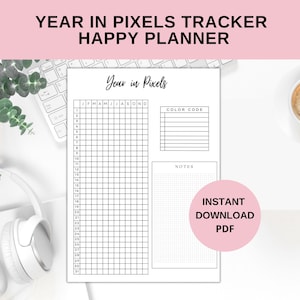 May include: Printable year in pixels tracker planner with a grid for each month, a color code section, a notes section, and the text "Year in Pixels" at the top.