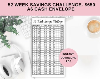 52 Week Savings Challenge Cash Envelope Insert