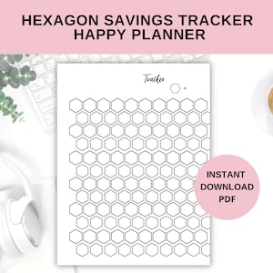 May include: Printable hexagon savings tracker sheet with the text "Tracker" and a hexagon shape. The sheet is designed to help you track your savings goals.