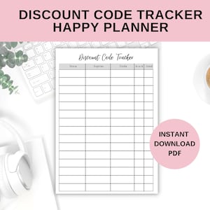以下が含まれることがあります： ストア、有効期限、コード、コードの使用済みかどうかを記入する欄がある、印刷可能な割引コードトラッカープランナーです。ページの上部に「Discount Code Tracker」というテキストがあります。ページの下部にピンク色の円の中に「INSTANT DOWNLOAD PDF」というテキストがあります。