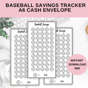 Puede incluir: Tres plantillas de seguimiento de sobres de efectivo A6 imprimibles con gráficos de béisbol. Cada plantilla tiene un espacio para escribir "Objetivo" y una línea para marcar el progreso. Las plantillas están diseñadas para ahorrar dinero.