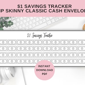 May include: A printable $1 savings tracker sheet with a black and white design. The sheet has 35 boxes with the number "1" inside each box. The text "$1 Savings Tracker" is at the top of the sheet. The text "INSTANT DOWNLOAD PDF" is at the bottom of the sheet.
