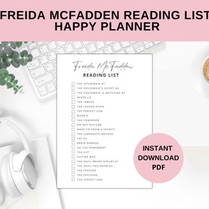 May include: A white sheet of paper with a reading list titled "Freida McFadden Reading List" with a checklist of books by Freida McFadden. The paper is on a white surface with a keyboard, a potted plant, and a cup of coffee.