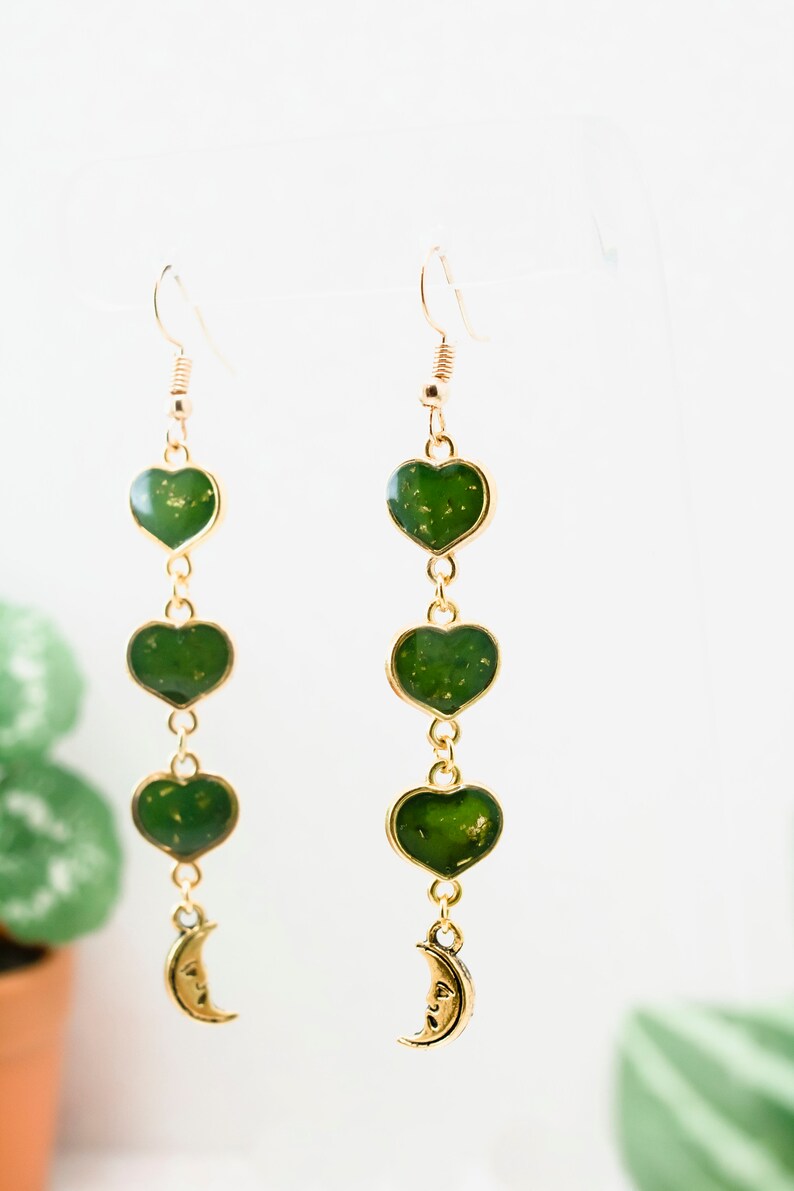 Green gold moon charm small heart layered chain detailed earring Handmade long dangle moon earrings Cottagecore minimalist aesthetic