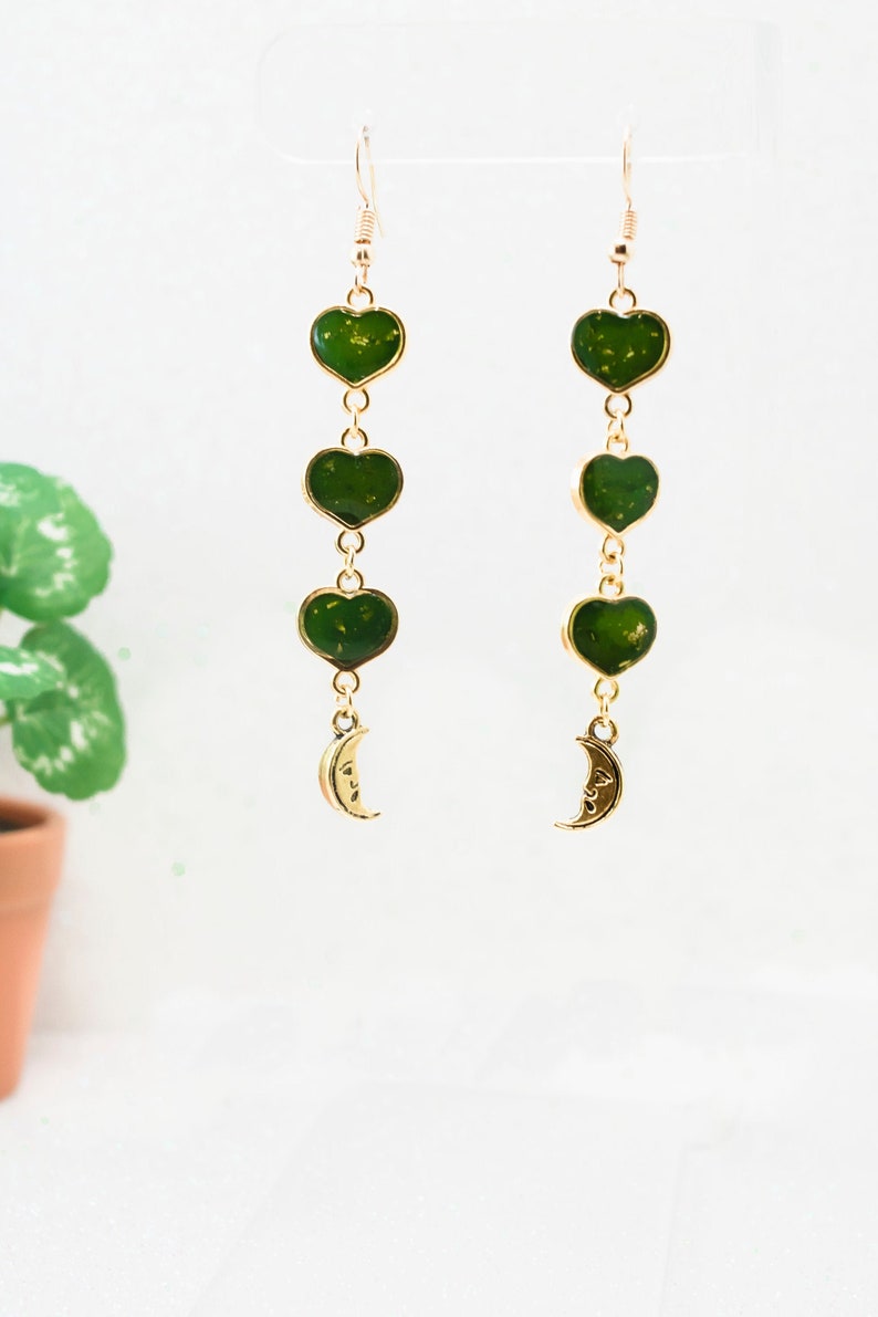 Green gold moon charm small heart layered chain detailed earring Handmade long dangle moon earrings Cottagecore minimalist aesthetic