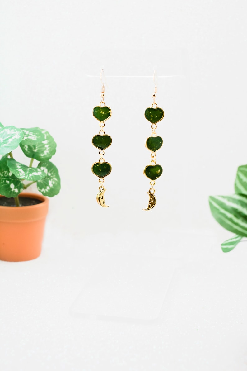 Green gold moon charm small heart layered chain detailed earring Handmade long dangle moon earrings Cottagecore minimalist aesthetic