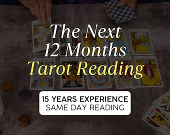 May include: A tarot card reading setup with cards laid out on a dark surface. The text "The Next 12 Months Tarot Reading" is displayed. Additional text reads "15 YEARS EXPERIENCE SAME DAY READING".