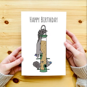 Squirrel Birthday Card - UK - Happy Birthday - Bird Birthday Card - Bird Feeder - Bird Card - Funny Card for Dad, for Him, for Her