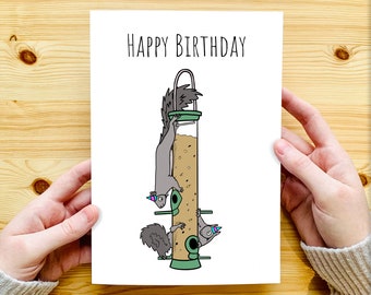 Squirrel Birthday Card - UK - Happy Birthday - Bird Birthday Card - Bird Feeder - Bird Card - Funny Card for Dad, for Him, for Her