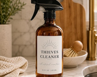 Thieves Cleaner Label, Waterproof Vinyl, Oil Resistant, 16 oz Spray Bottle
