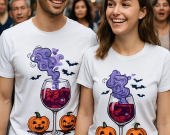 Unisex Wicked Wine Halloween Shirt, Spooky Cocktail Graphic Tee with Pumpkins & Bats, Funny Witchy Party T-Shirt