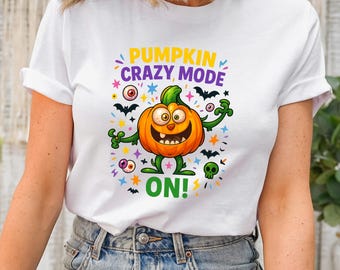 Unisex Pumpkin Crazy Mode Halloween Shirt. Funny Spooky Season Tee. Fall Pumpkin Graphic T-Shirt for Costume Party Outfit