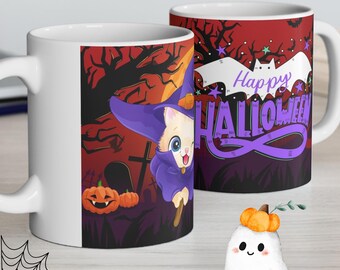 Halloween Cat Ceramic Mug, Spooky Coffee Cup, Witch Mug, Trick or Treat Drinkware, Fall Decor, Ghostly Tea Mug