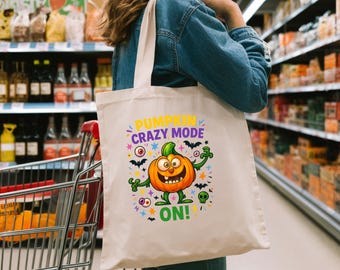 Pumpkin Crazy Mode Tote Bag, Funny Halloween Trick or Treat Bag, Reusable Canvas Shopper for Spooky Season & Candy Haul