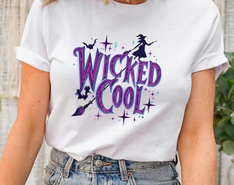 Unisex Wicked Cool Halloween Shirt, Witch Graphic Tee, Spooky Season T-Shirt with Bats and Broom for Costume Party or Fall Outfit