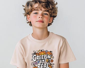 Unisex Creepin It Real Kids Halloween Shirt, Funny Pumpkin Trick or Treat Tee for Boys and Girls, Cute Spooky Season T-Shirt