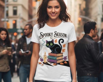 Spooky Season Black Cat Shirt, Halloween Witchy Cat T-Shirt, Gothic Candle & Books Graphic Tee for Spooky Season Outfit