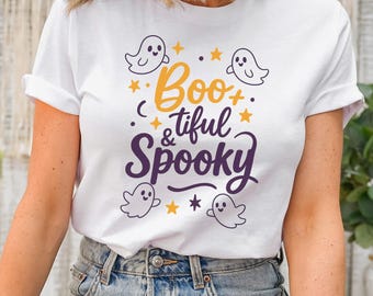 Unisex Boo-tiful & Spooky Halloween Shirt, Cute Ghost Graphic Tee for Women and Kids, Funny Spooky Season T-Shirt