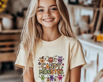 Unisex Candy Monster Halloween Shirt, Fun Kids & Toddler Tee, Cute Colorful Monster T-Shirt for Trick or Treat and Spooky Season