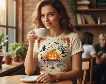 Unisex Spooky Pumpkin Halloween Shirt, Haunted Jack O Lantern Tee with Bats, Ghosts & Witch, Fun Scary Season T-Shirt