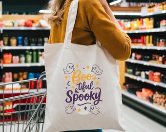 Boo-tiful & Spooky Tote Bag, Halloween Tote, Ghost Design Bag, Canvas Shopping Bag, Trick or Treat Bag