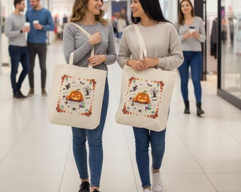 Halloween Pumpkin Tote Bag, Spooky Jack O Lantern with Spiderweb Witch & Ghosts, Trick or Treat Canvas Bag