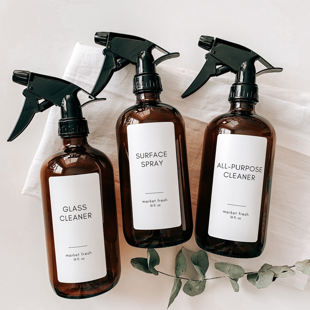 Glass Cleaning Bottles With Sprayer Amber 16oz Glass Bottle Minimal Label Design Cleaning Spray