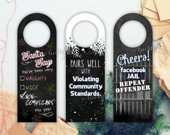 Wine Bottle Tags - Instant Download, Easy Last Minute Gift - Naughty, Nice, Non-Compliant, Violates Community Standards, Facebook Jail Gift