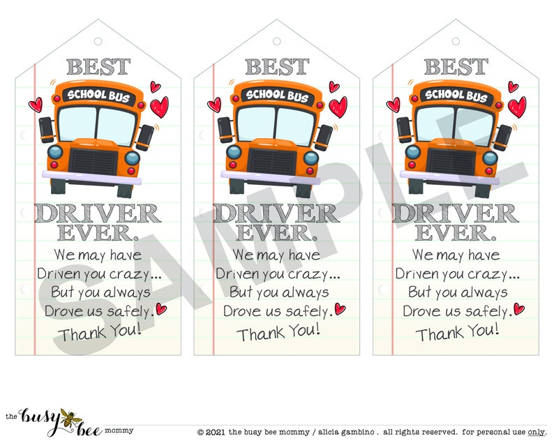 School Bus Driver Gift Tags / Book Marks Easy DIY Printable Gift Tags for School Bus Driver Appreciation Gift image 2