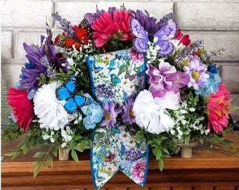 Butterfly Floral Centerpiece: Bright Faux Flower Arrangement