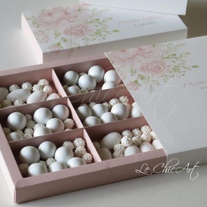 Bomboniera matrimonio Scatole degustazione confetti a 6 scomparti personalizzata carta da zucchero, rosa cipria floreale, minimal eucalipto