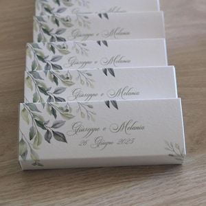Scatola portaconfetti foglioline, eucalipto, Bomboniera Personalizzata a Sfilo Verde Salvia Avio Carta Zucchero Già Montata Matrimonio
